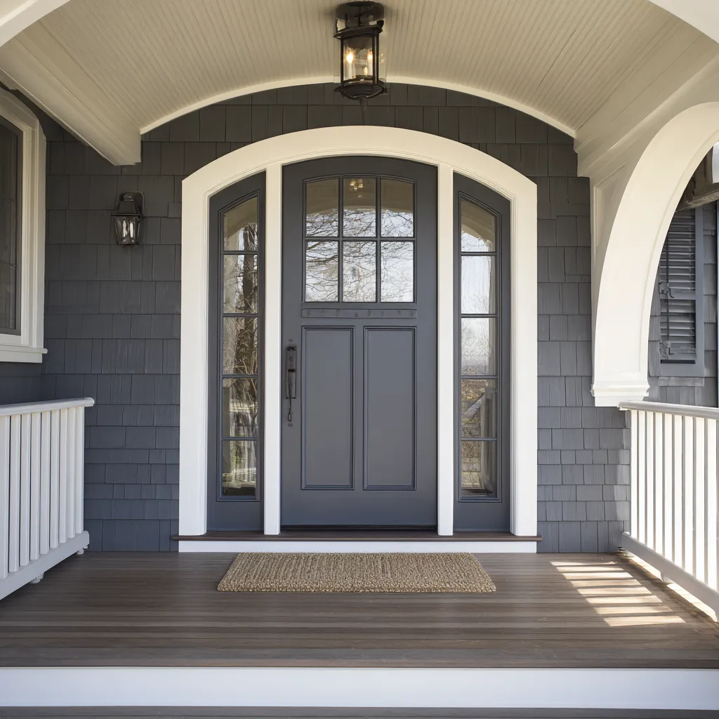 graphite-gray Cape Cod house style front entry design under a large arched porch opening with curved sidelights