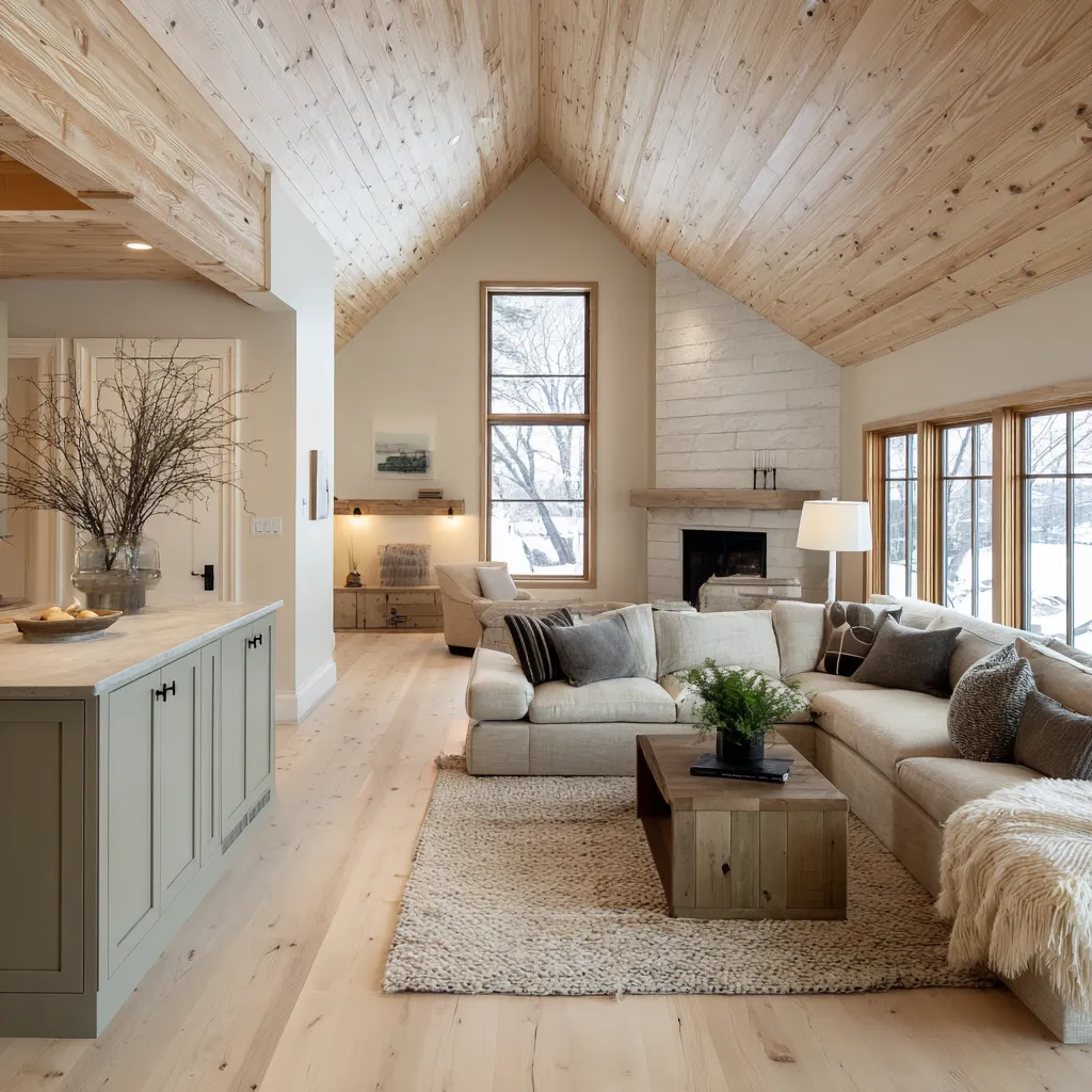 great room interior design concept in Norwegian style with vaulted pale wood ceiling, snowy windows great room interior design concept in Norwegian style with vaulted pale wood ceiling, snowy windows