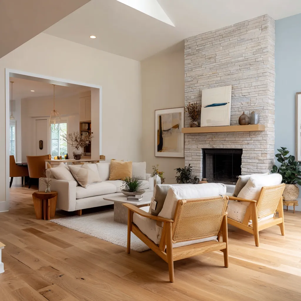 great room interior design concept with a tall pale stone fireplace tower, cane-backed lounge chairs great room interior design concept with a tall pale stone fireplace tower, cane-backed lounge chairs