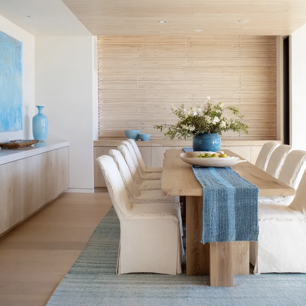 horizontal pale wood paneling, white slipcovered chairs, a pale wood table, and carefully placed blue accents in artwork, ceramics, textiles, and rug horizontal pale wood paneling, white slipcovered chairs, a pale wood table, and carefully placed blue accents in artwork, ceramics, textiles, and rug
