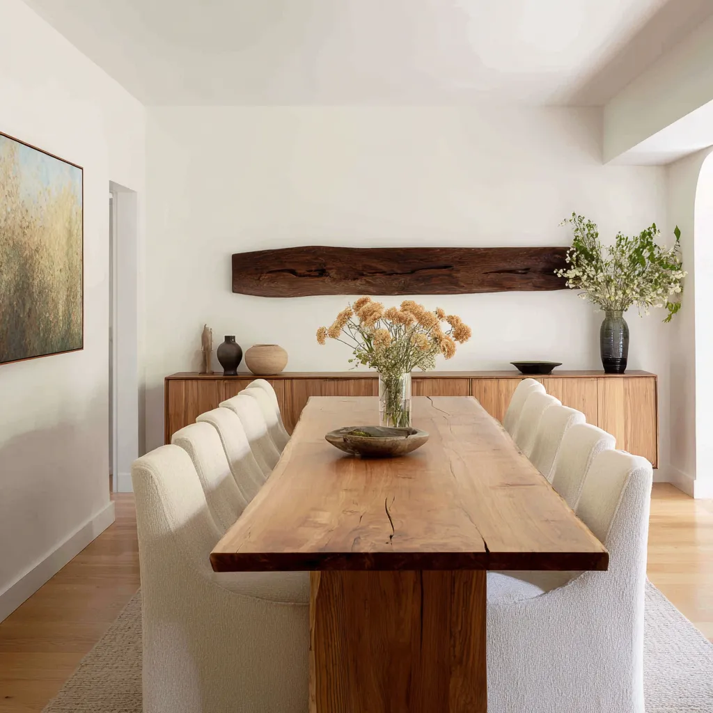 idea with a long dark timber wall sculpture, warm wood sideboard, cracked natural wood dining table idea with a long dark timber wall sculpture, warm wood sideboard, cracked natural wood dining table