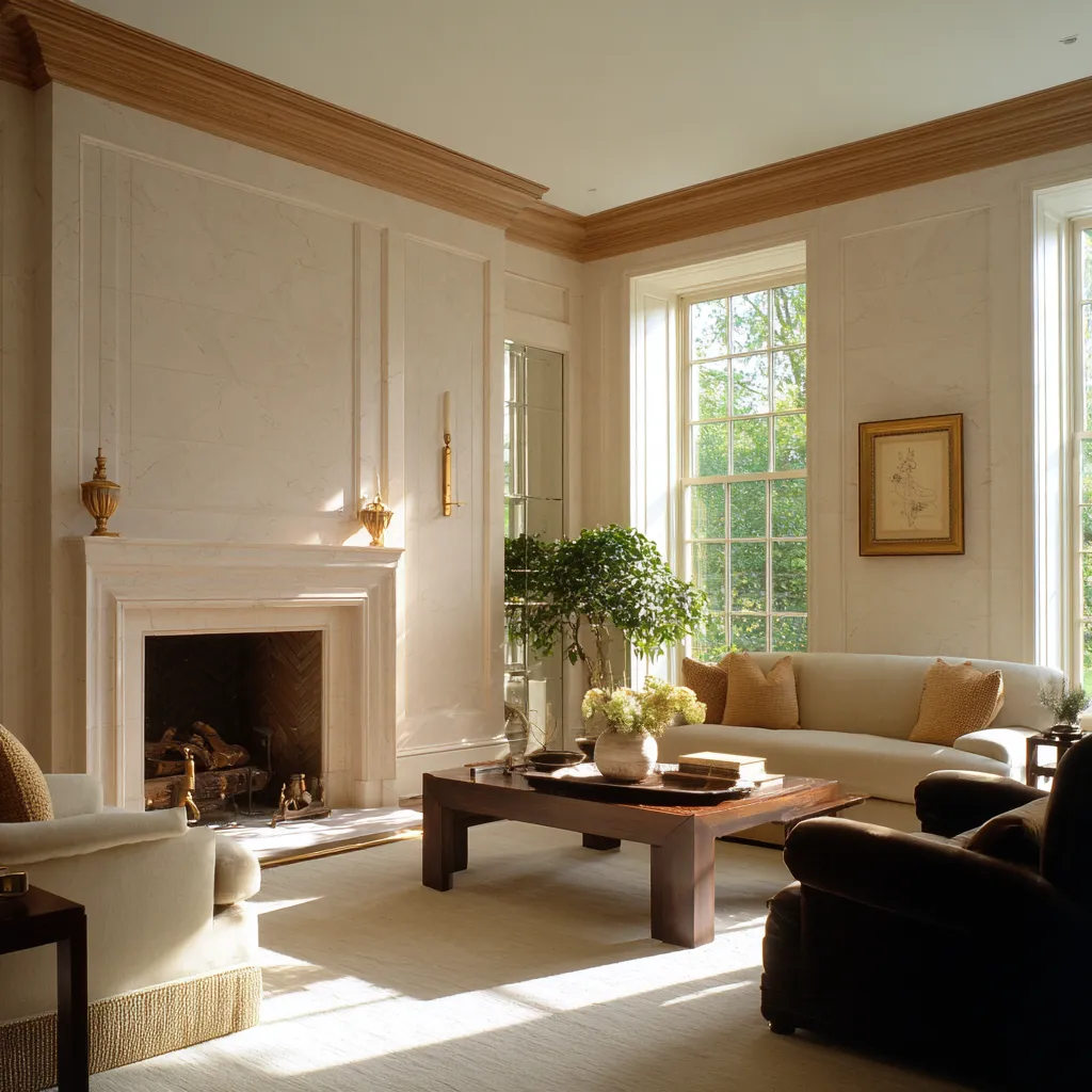 idea with paneled pale stone walls, dark wood crown molding, substantial mantel, curved sofa idea with paneled pale stone walls, dark wood crown molding, substantial mantel, curved sofa