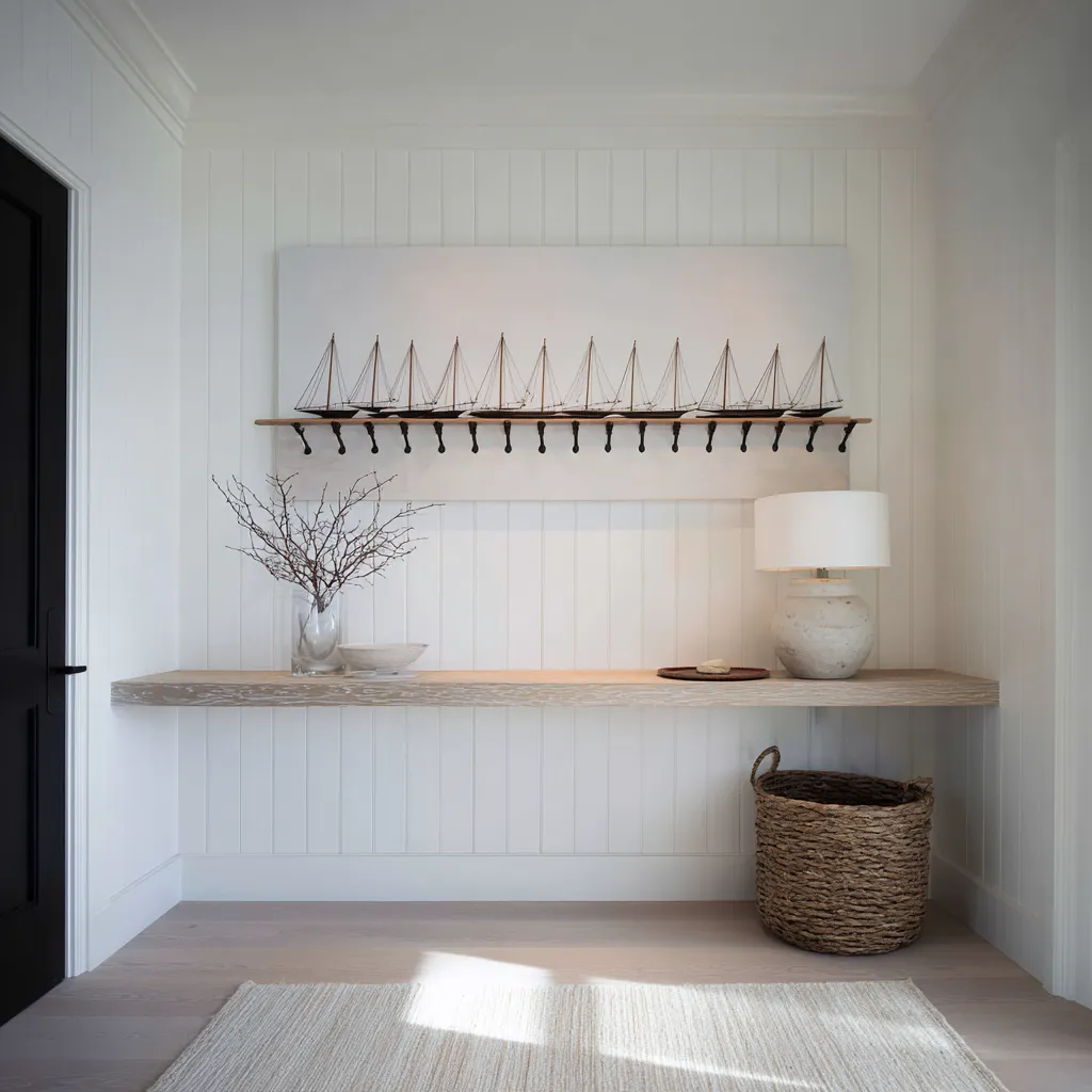 ideas with sailboat wall display, white paneling, floating shelf, woven basket, pale ceramics, and graphic beach theme design concept ideas with sailboat wall display, white paneling, floating shelf, woven basket, pale ceramics, and graphic beach theme design concept