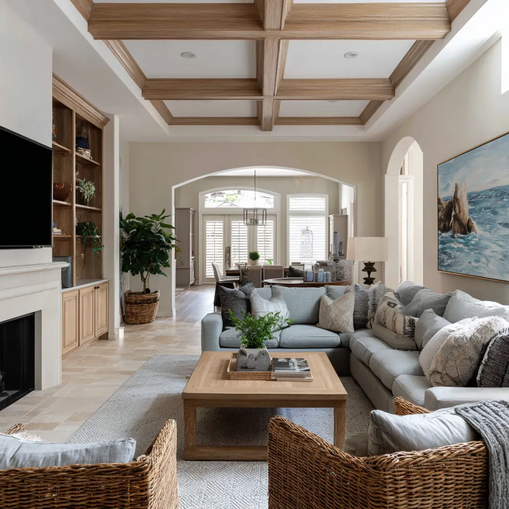 inspiration for a TV-centered suburban family room with a pale coffered ceiling in Tropical British colonial style inspiration for a TV-centered suburban family room with a pale coffered ceiling in Tropical British colonial style