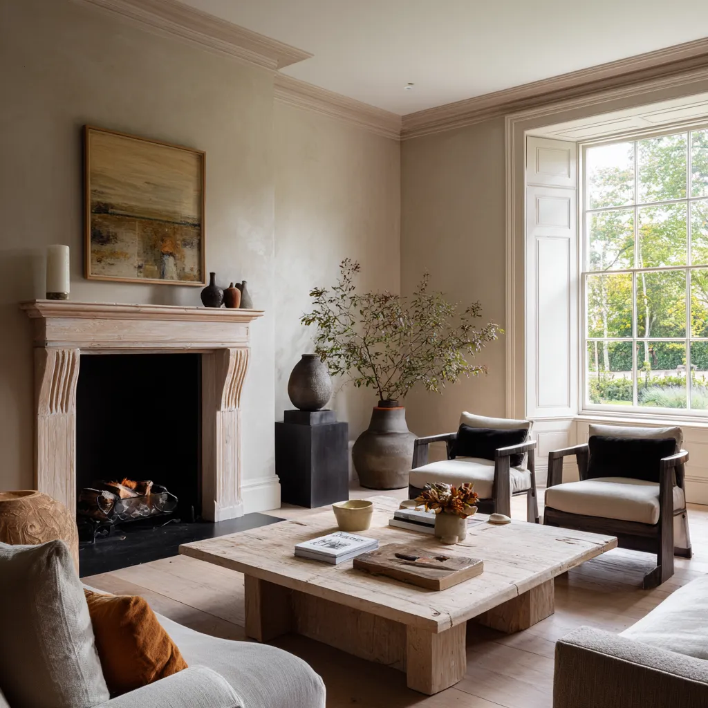 interior design featuring a sculpted stone fireplace, deep window reveals, timber-framed chairs interior design featuring a sculpted stone fireplace, deep window reveals, timber-framed chairs
