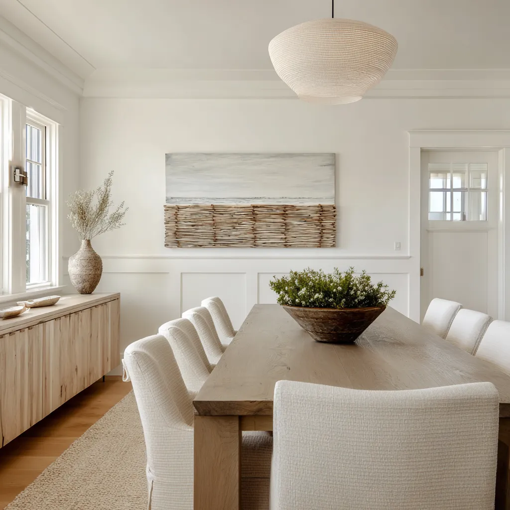 interior design idea with a mixed-media seascape artwork featuring driftwood-like lower texture, pale sideboard interior design idea with a mixed-media seascape artwork featuring driftwood-like lower texture, pale sideboard