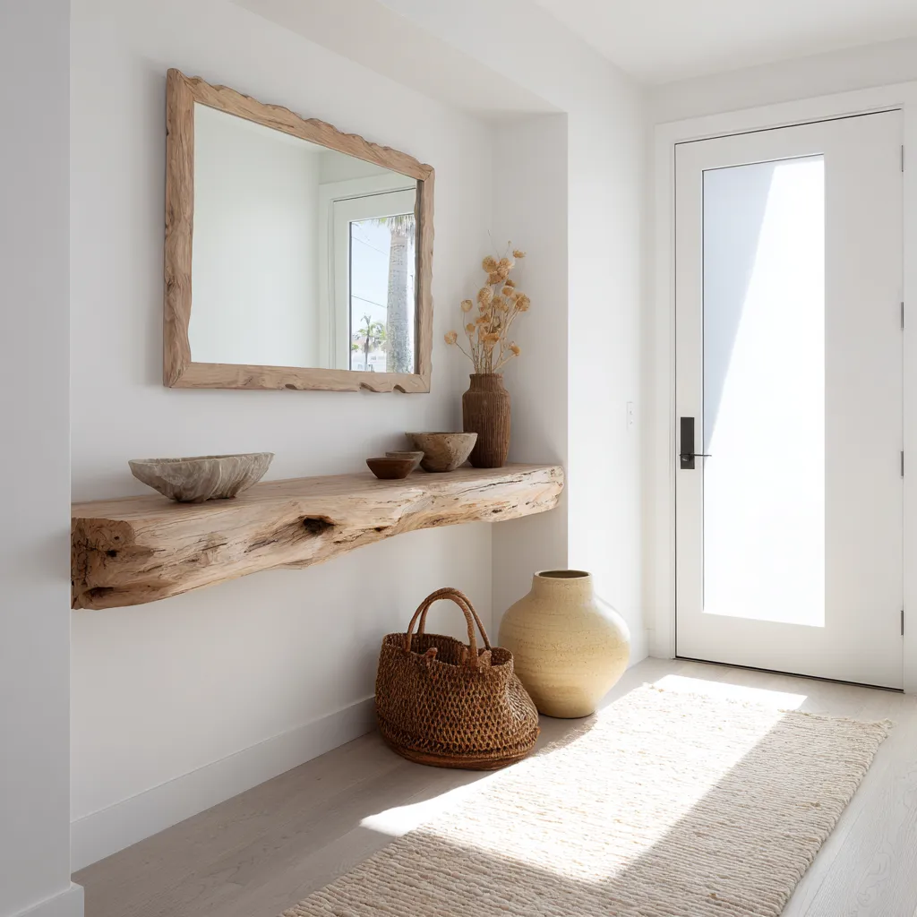 interior design idea with live-edge floating shelf, irregular wood-framed mirror, matte ceramics interior design idea with live-edge floating shelf, irregular wood-framed mirror, matte ceramics