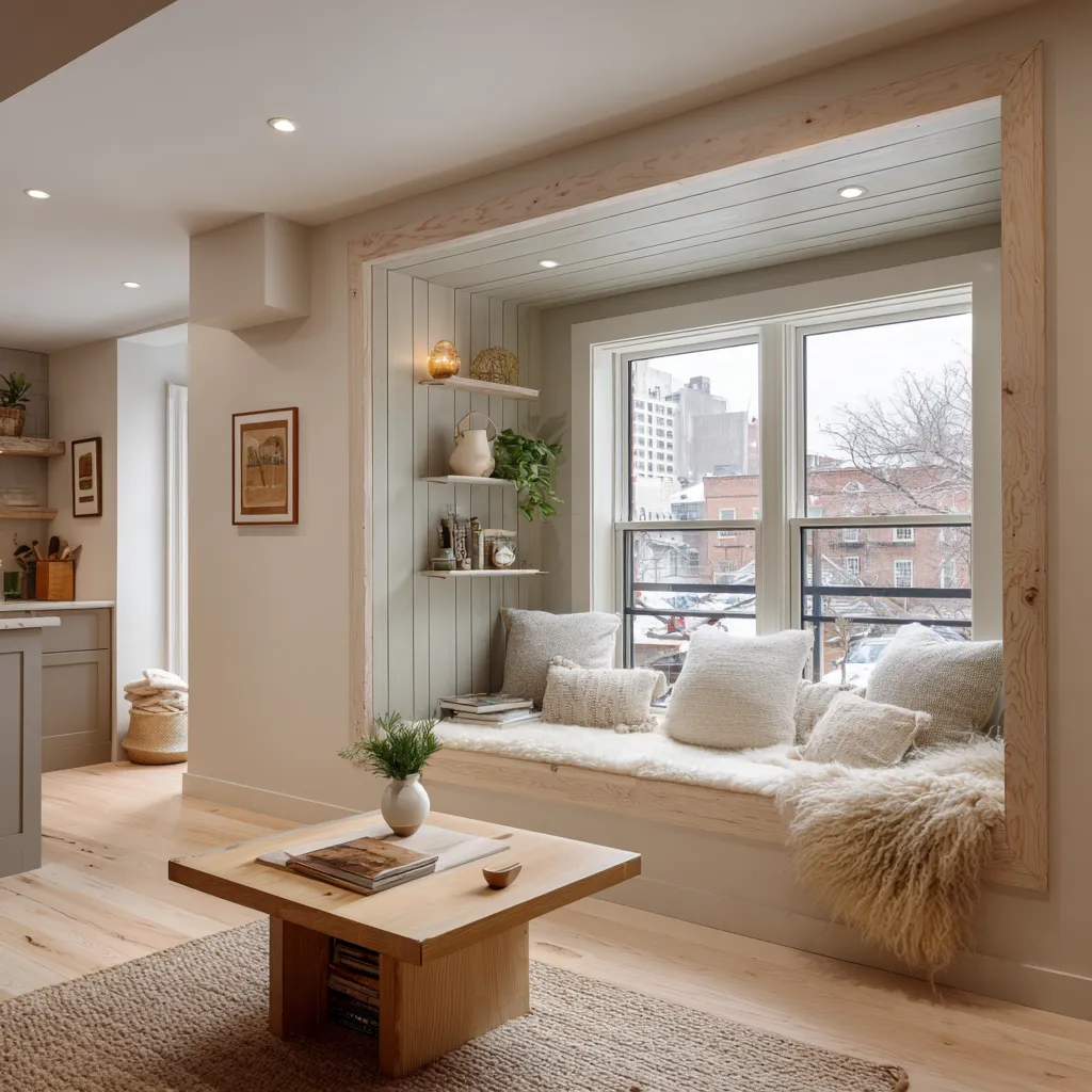 interior design ideas with deeply framed timber window perch, built-in shelving, soft cushions, pale wood details interior design ideas with deeply framed timber window perch, built-in shelving, soft cushions, pale wood details