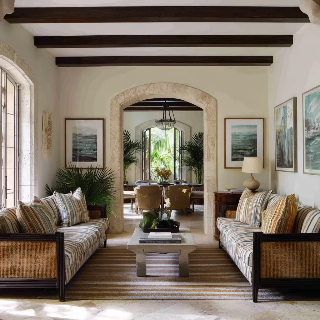 interior design inspiration in Tropical British colonial style featuring formal bilateral composition, cane-framed sofas interior design inspiration in Tropical British colonial style featuring formal bilateral composition, cane-framed sofas