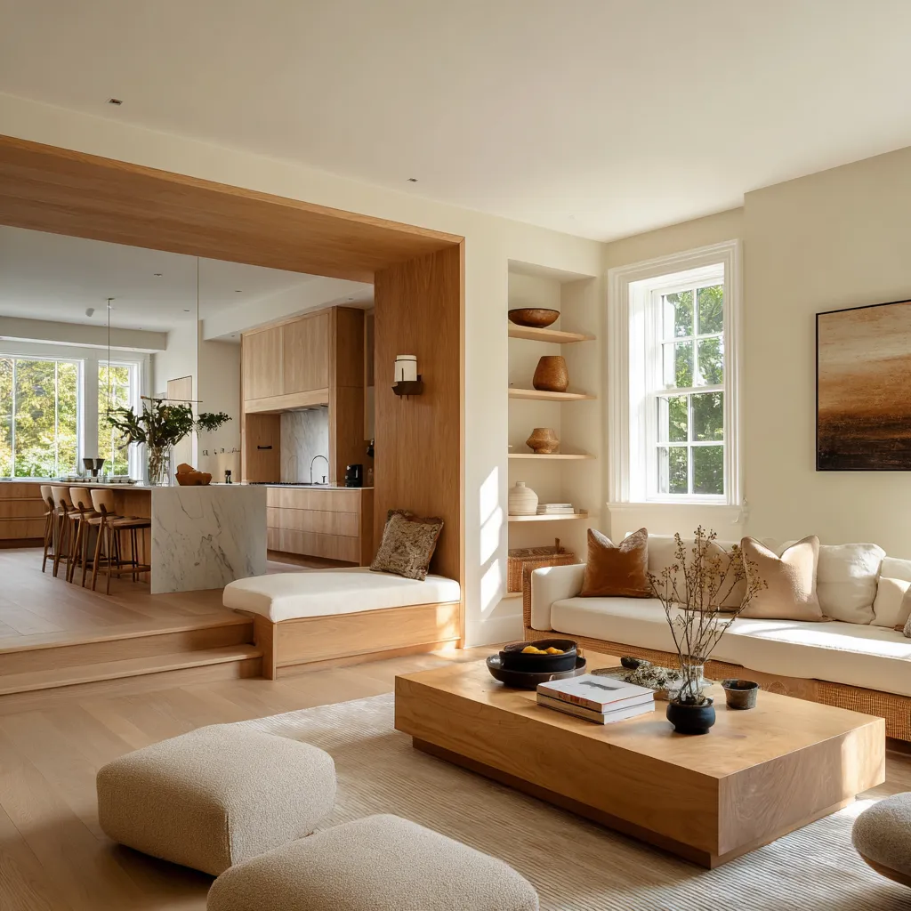 interior design with a deep wood portal framing the kitchen, step-up transition, built-in bench, broad wood coffee table interior design with a deep wood portal framing the kitchen, step-up transition, built-in bench, broad wood coffee table