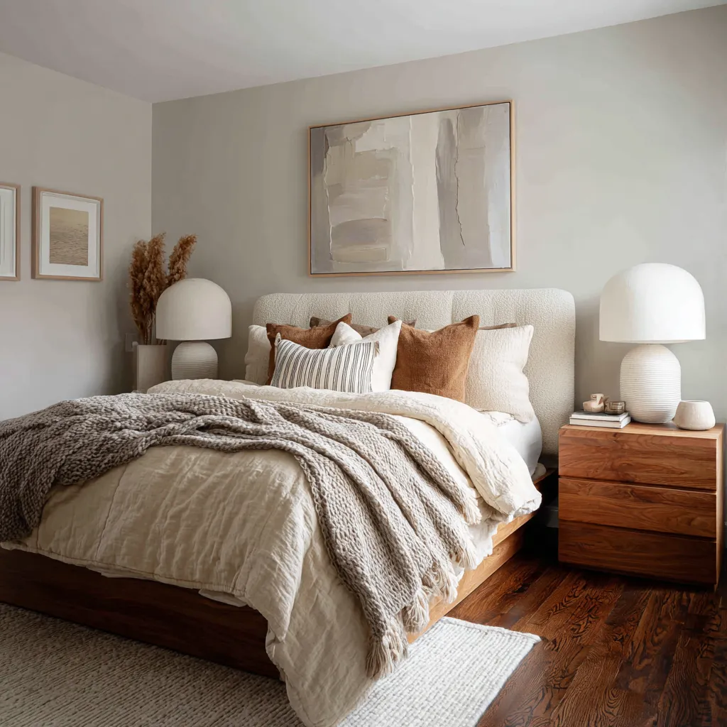 ivory and mushroom-toned bedroom with a walnut platform bed, upholstered headboard, large abstract painting ivory and mushroom-toned bedroom with a walnut platform bed, upholstered headboard, large abstract painting