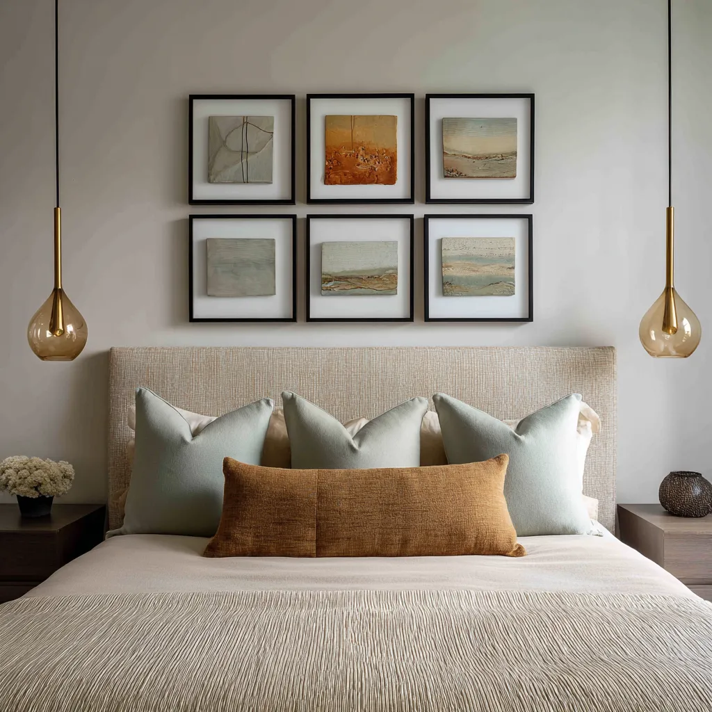 king bed wall decor with six tall framed abstract landscapes in a clean two-row arrangement king bed wall decor with six tall framed abstract landscapes in a clean two-row arrangement