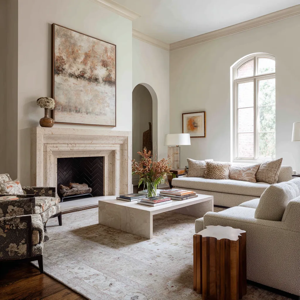 limestone mantel, oversized abstract art, pale sectional, patterned accent chair, marble-like coffee table for a neutral grandmillennial design limestone mantel, oversized abstract art, pale sectional, patterned accent chair, marble-like coffee table for a neutral grandmillennial design