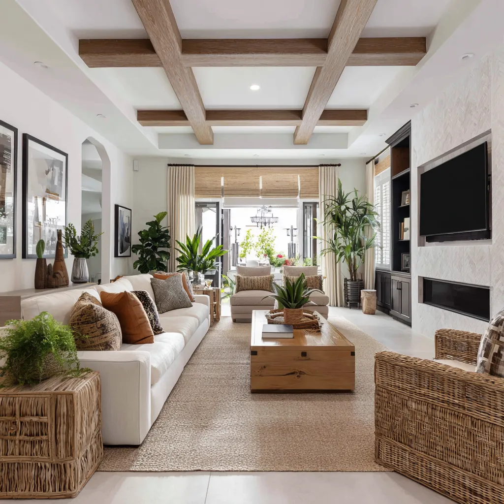 living room concept in a narrow family space with light beams, wicker chairs, a trunk-style wood coffee table living room concept in a narrow family space with light beams, wicker chairs, a trunk-style wood coffee table