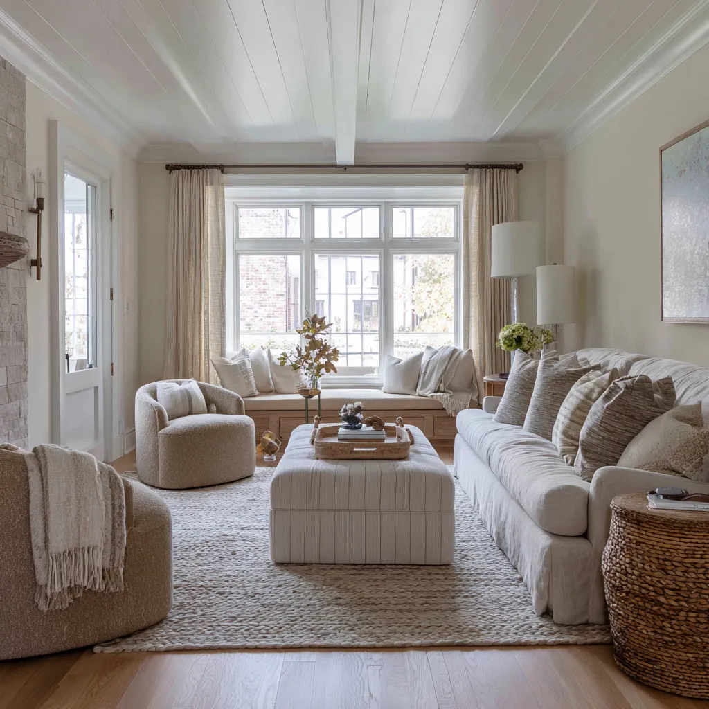 living room decorating idea with a white plank ceiling, central beam, built-in window bench, skirted sofa, rounded chairs living room decorating idea with a white plank ceiling, central beam, built-in window bench, skirted sofa, rounded chairs