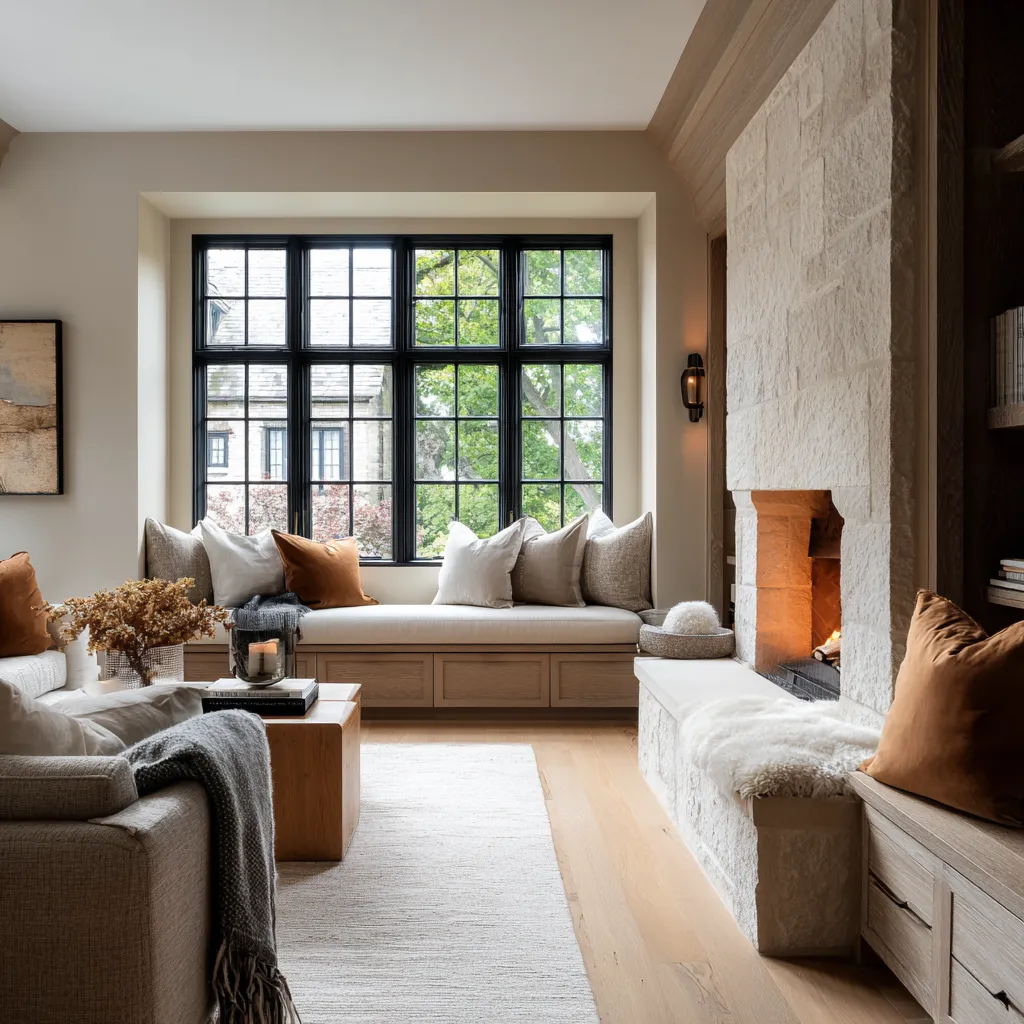 living room design concept with a deep window bay seat, monumental pale stone fireplace living room design concept with a deep window bay seat, monumental pale stone fireplace