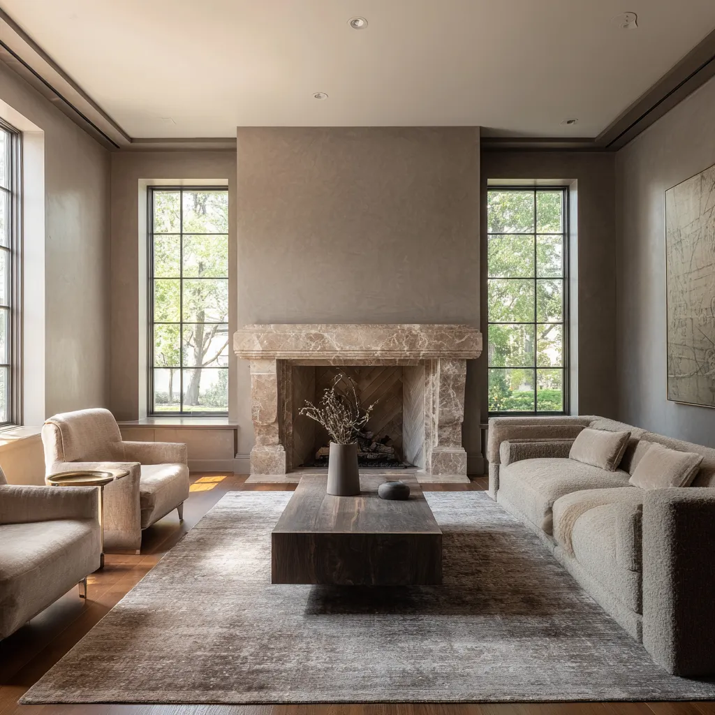 living room interior design concept with symmetrical fireplace composition, tall windows, sculptural seating living room interior design concept with symmetrical fireplace composition, tall windows, sculptural seating