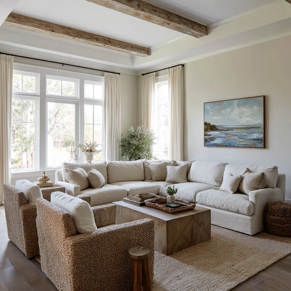 living room with driftwood-finished beams, corner windows with long cream drapes living room with driftwood-finished beams, corner windows with long cream drapes