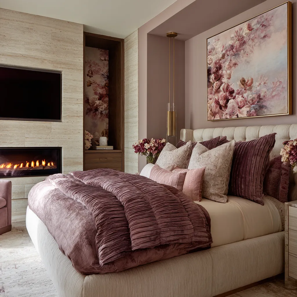 mauve-pink, plum, smoked taupe, cream, pale stone, brass, and black forming a bedroom design mauve-pink, plum, smoked taupe, cream, pale stone, brass, and black forming a bedroom design