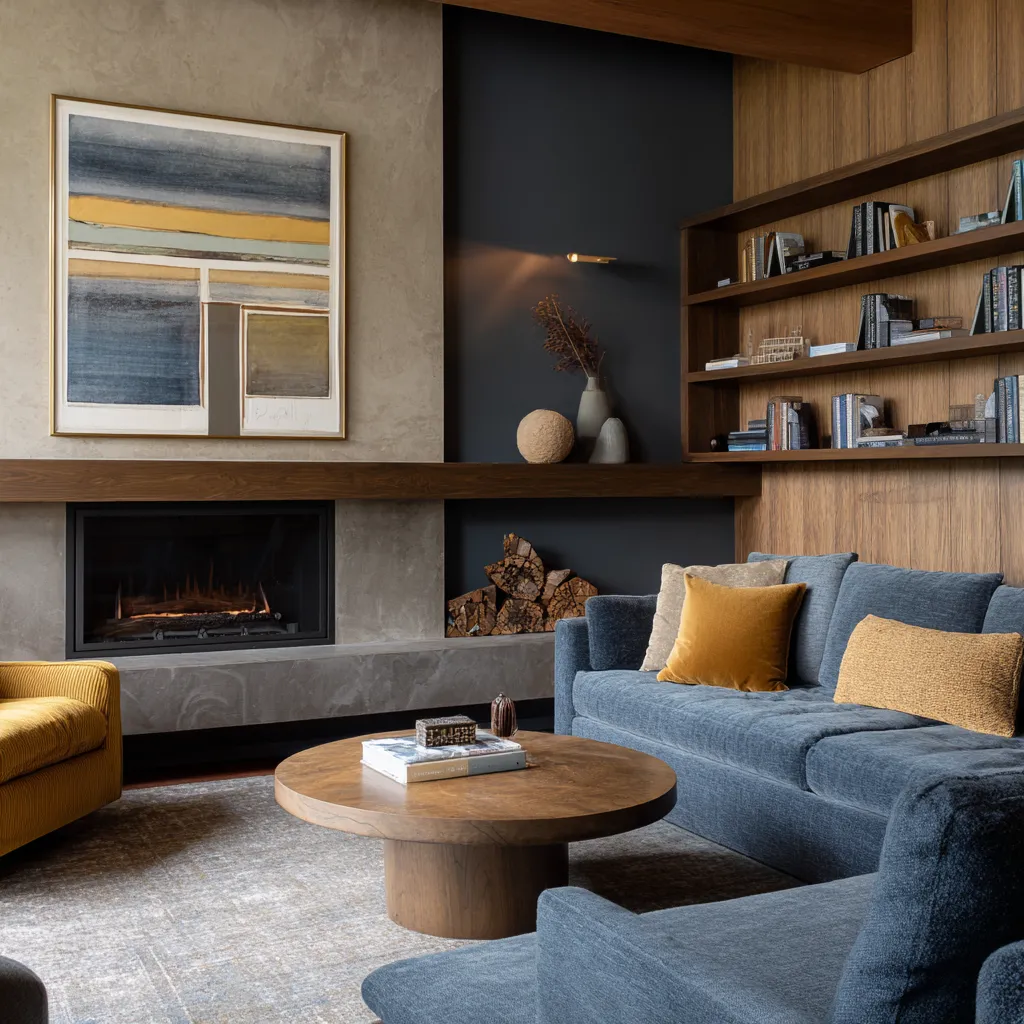 maximalist fireplace living room ideas with blue seating, mustard chair, walnut shelving, dark niche with art light, linear fireplace maximalist fireplace living room ideas with blue seating, mustard chair, walnut shelving, dark niche with art light, linear fireplace