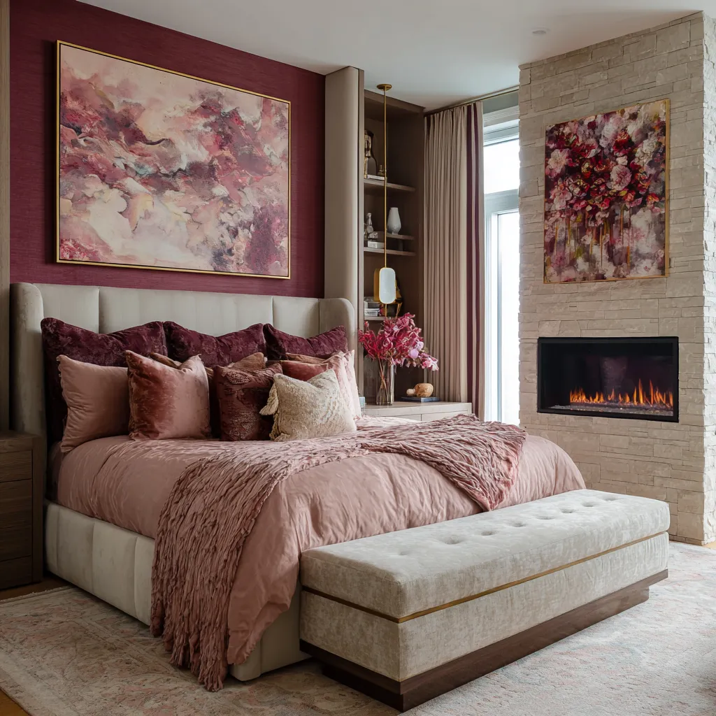 maximalist pink bedroom with a raspberry-burgundy wall behind the bed, pale stacked stone fireplace, maximalist pink bedroom with a raspberry-burgundy wall behind the bed, pale stacked stone fireplace,