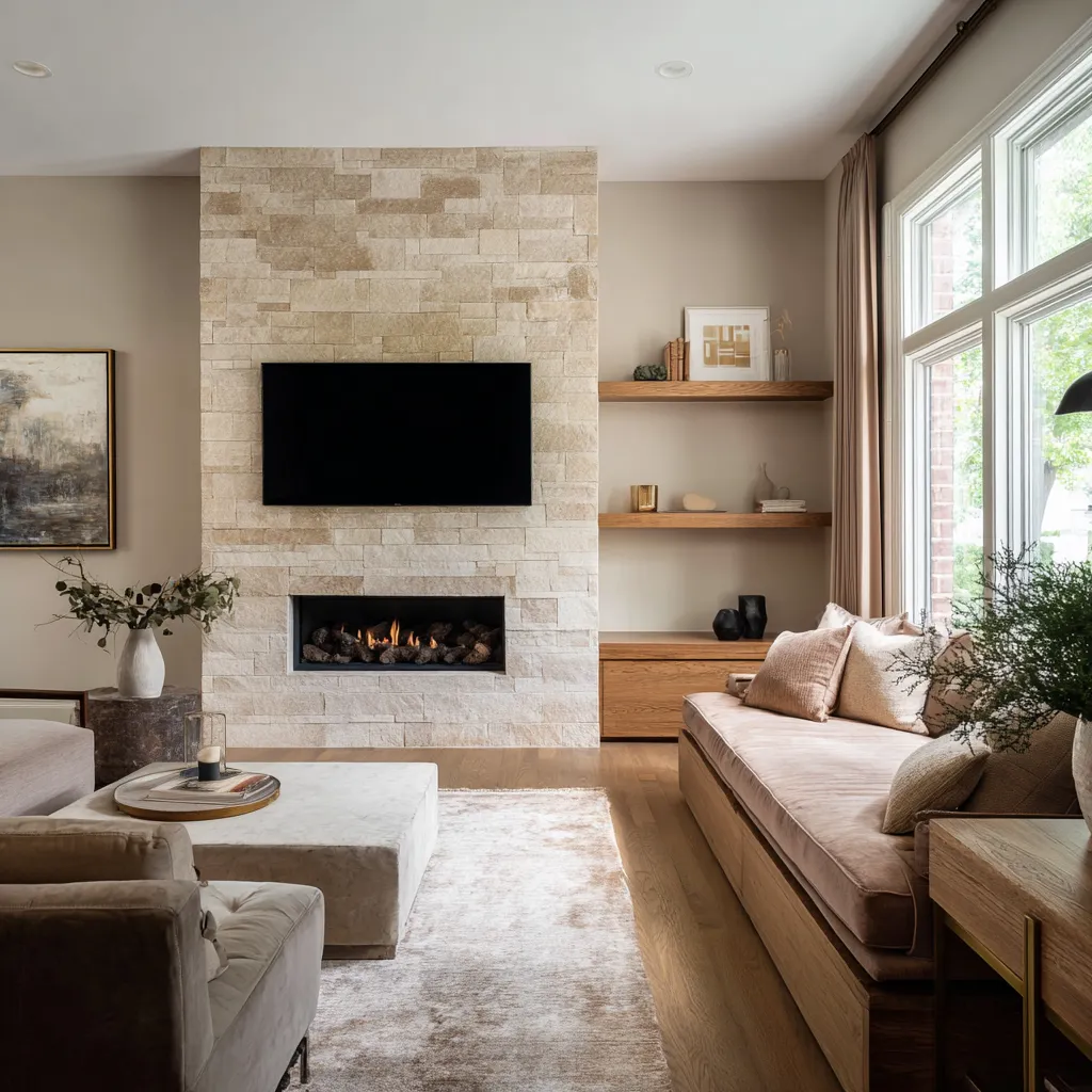 media room interior design with a tall stone fireplace slab, integrated TV wall, built-in daybed sofa media room interior design with a tall stone fireplace slab, integrated TV wall, built-in daybed sofa