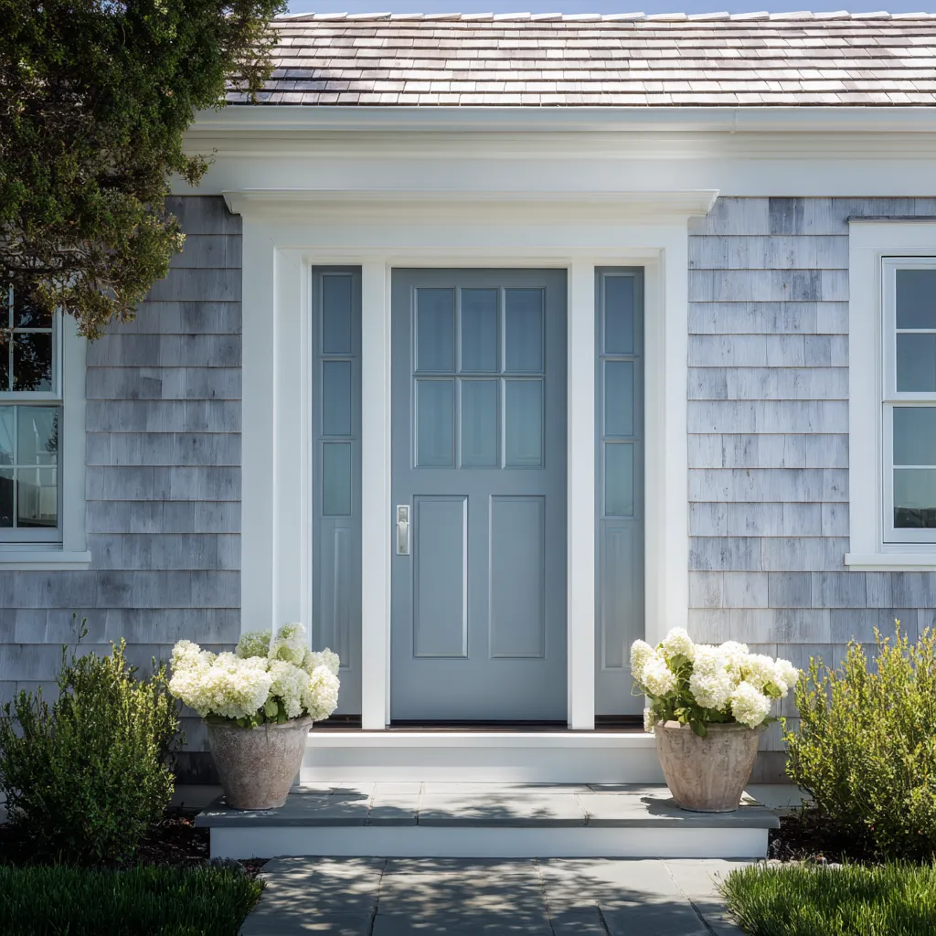 misty blue-gray main Cape Cod style front door design with narrow sidelights and a heavy white surround against weathered shingles misty blue-gray main Cape Cod style front door design with narrow sidelights and a heavy white surround against weathered shingles