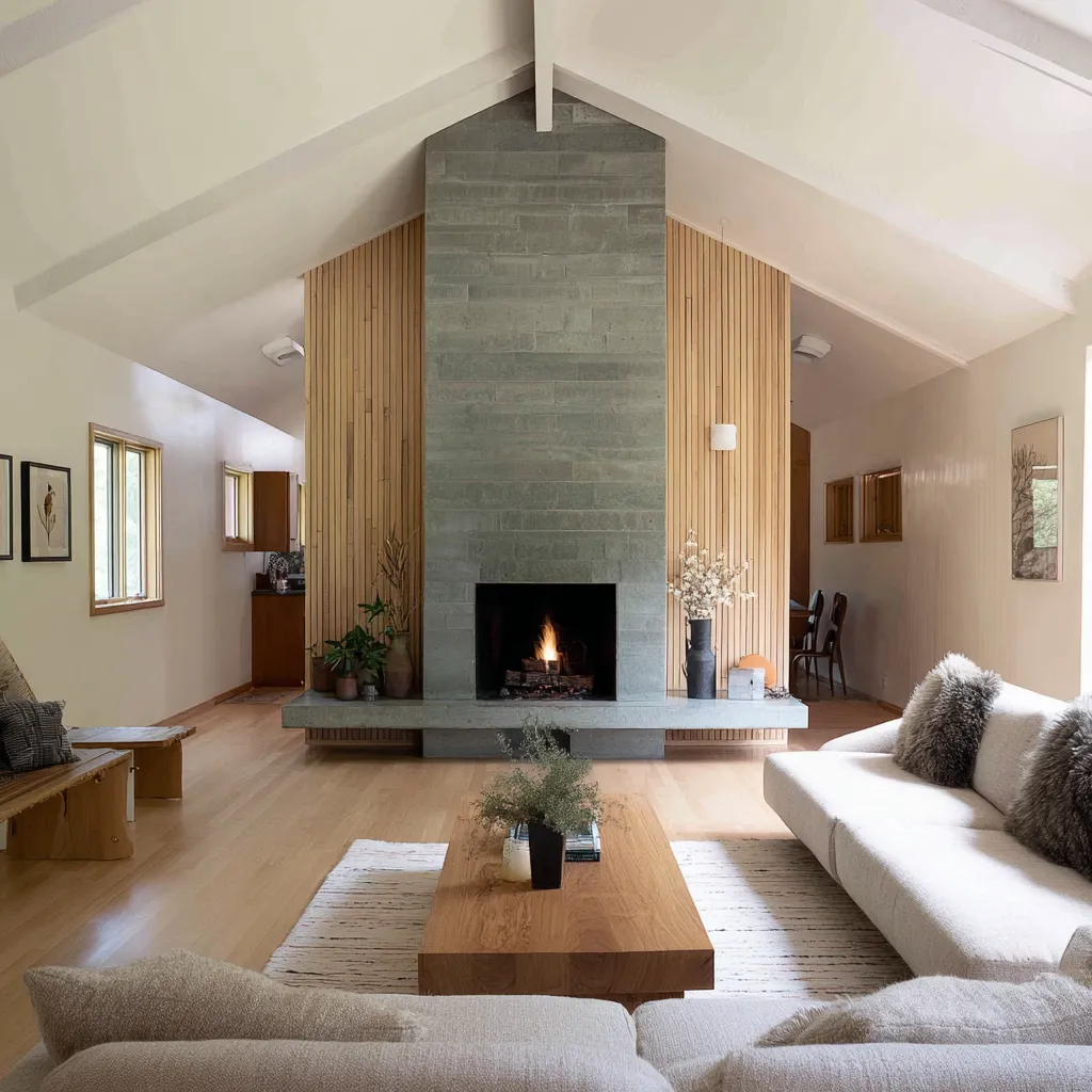 modern Norwegian interior design inspiration for a ranch living room with freestanding central chimney modern Norwegian interior design inspiration for a ranch living room with freestanding central chimney