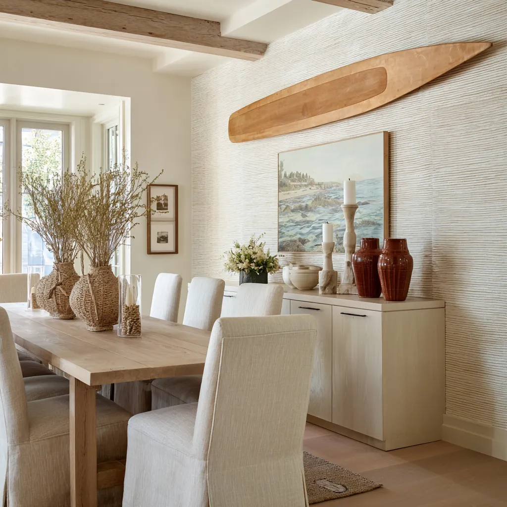 mounted paddle, finely textured wall surface, framed rocky shore artwork, pale wood table as beath theme dining room ideas mounted paddle, finely textured wall surface, framed rocky shore artwork, pale wood table as beath theme dining room ideas
