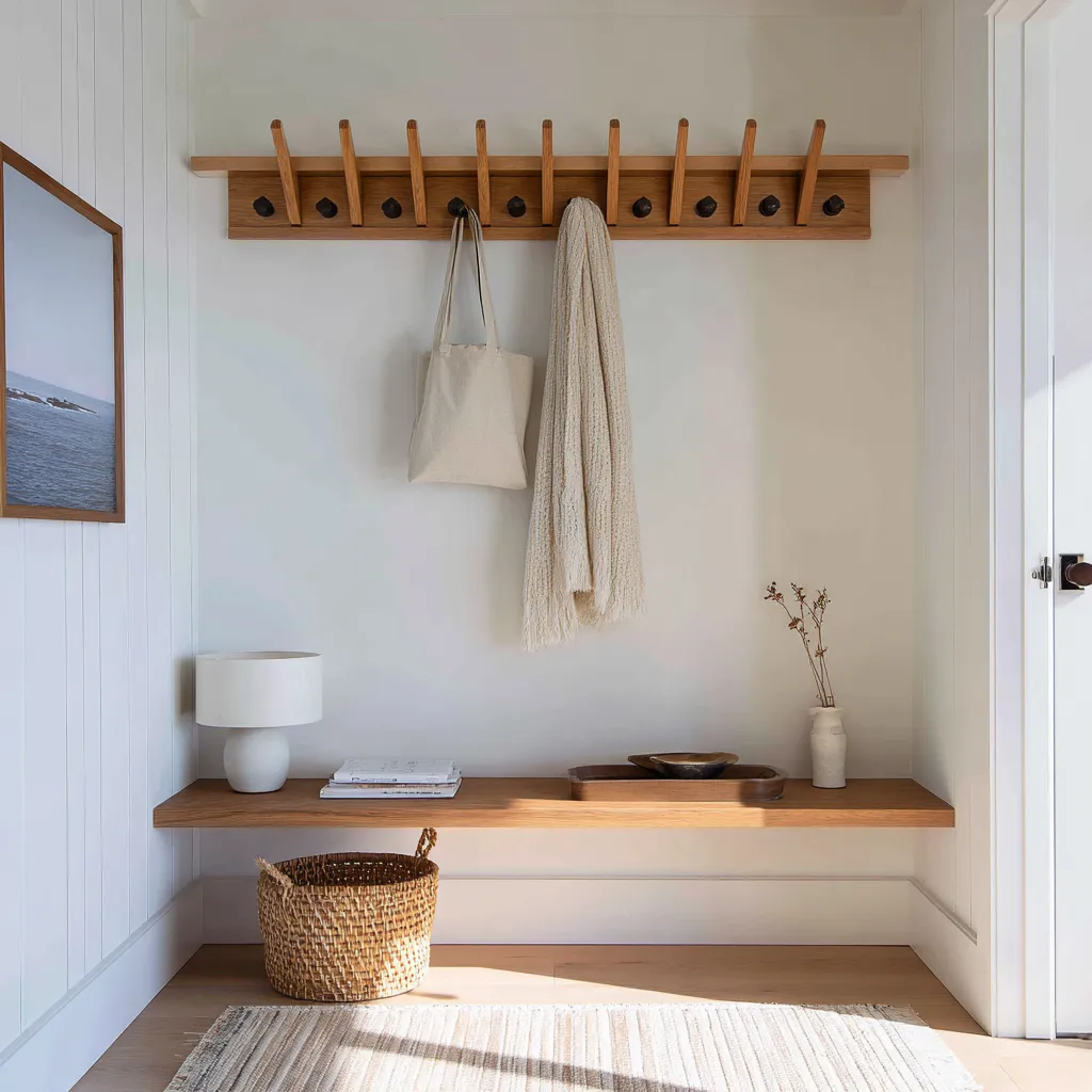 mudroom entryway ideas with built-in bench, wood storage rail, tote bag, knitted throw, woven basket mudroom entryway ideas with built-in bench, wood storage rail, tote bag, knitted throw, woven basket