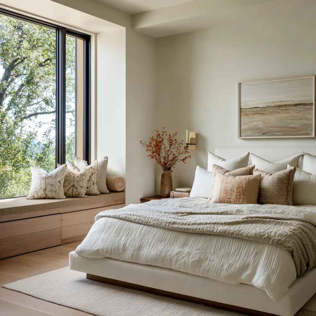 neutral bedroom with a low bed, built-in window bench with drawers, warm accent pillows, and soft landscape art neutral bedroom with a low bed, built-in window bench with drawers, warm accent pillows, and soft landscape art