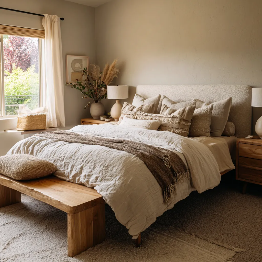 neutral bedroom with a tall upholstered headboard, layered cream bedding, a fringed lumbar pillow neutral bedroom with a tall upholstered headboard, layered cream bedding, a fringed lumbar pillow