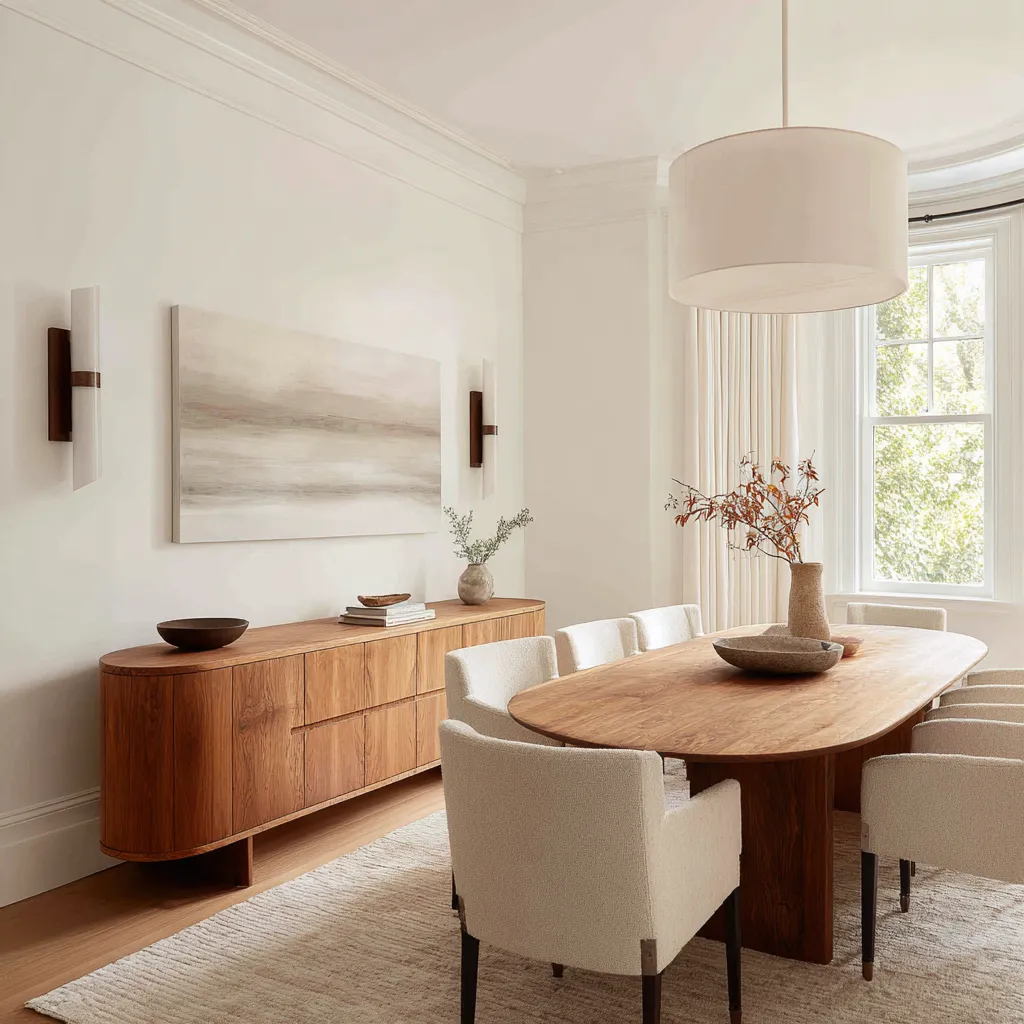 neutral coastal dining room interior design with a blurred horizon artwork, rounded sideboard, elongated oval table neutral coastal dining room interior design with a blurred horizon artwork, rounded sideboard, elongated oval table