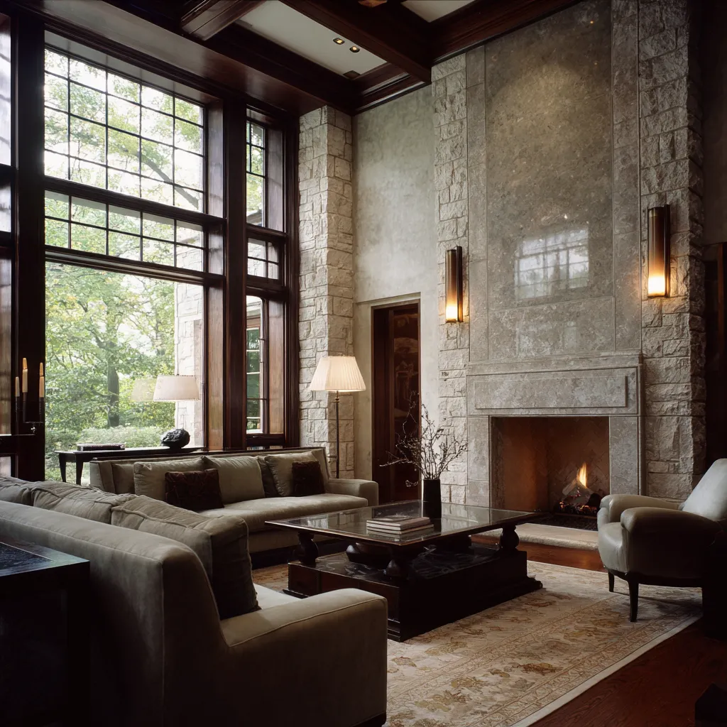 old money living room idea with double-height dark timber architecture, tall leaded windows, grand stone fireplace old money living room idea with double-height dark timber architecture, tall leaded windows, grand stone fireplace