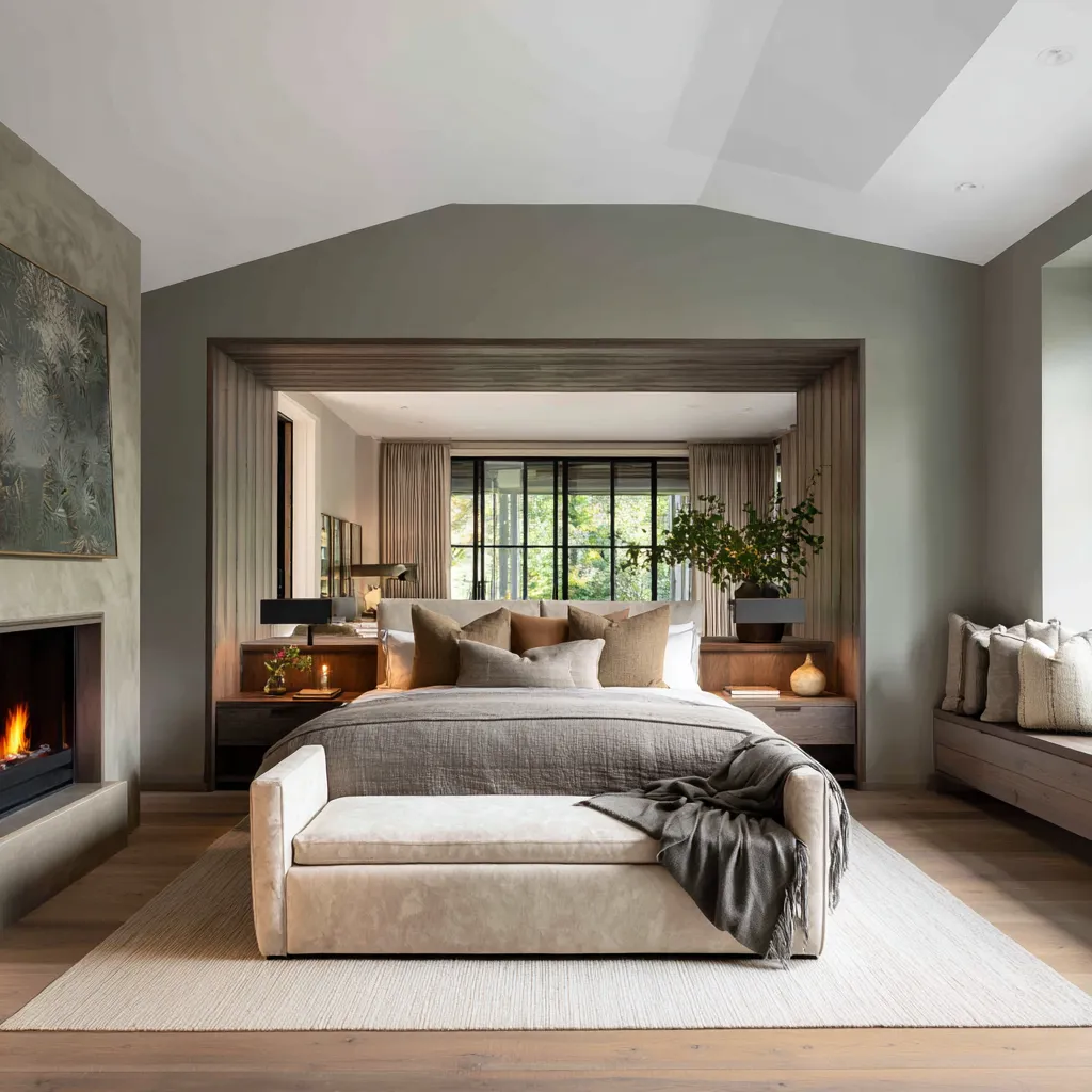 olive-grey architectural shell bedroom ideas with a bed-in-a-frame composition, and maximalism built through enclosure