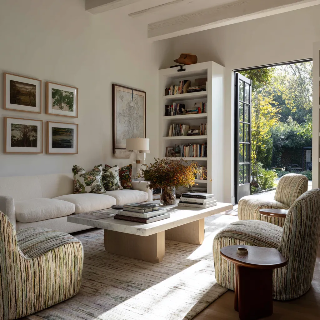 open French door, gallery wall, marble-top table, striped barrel chairs, botanical pillows, for an airy grandmillennial room open French door, gallery wall, marble-top table, striped barrel chairs, botanical pillows, for an airy grandmillennial room