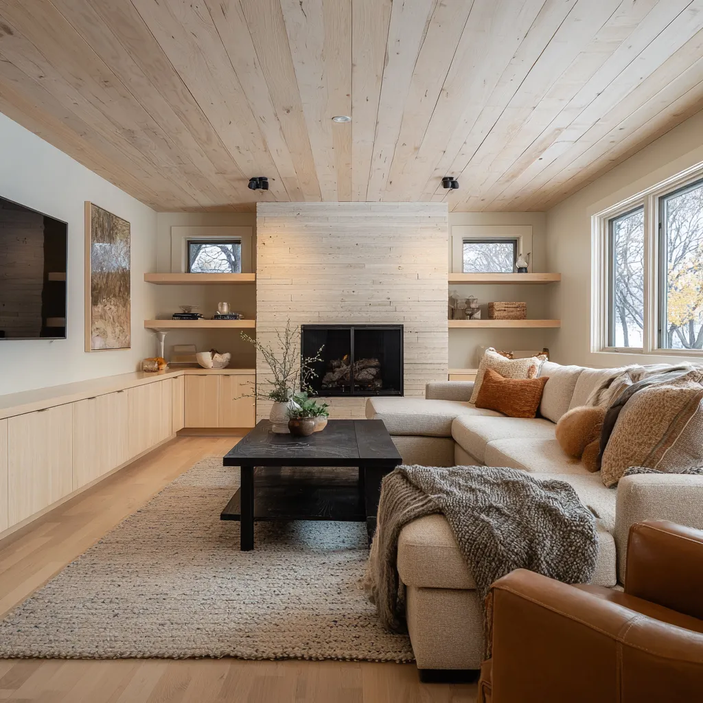open family room design concept with pale wood ceiling, central fireplace, floating shelves, dark coffee table open family room design concept with pale wood ceiling, central fireplace, floating shelves, dark coffee table