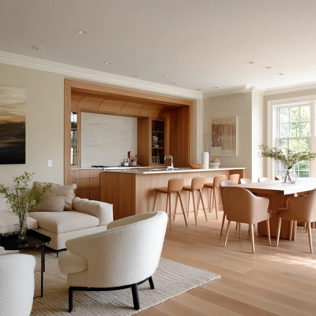 open-plan interior design in Danish-inspired style with a deep wood kitchen niche, pale island, rounded dining chairs open-plan interior design in Danish-inspired style with a deep wood kitchen niche, pale island, rounded dining chairs