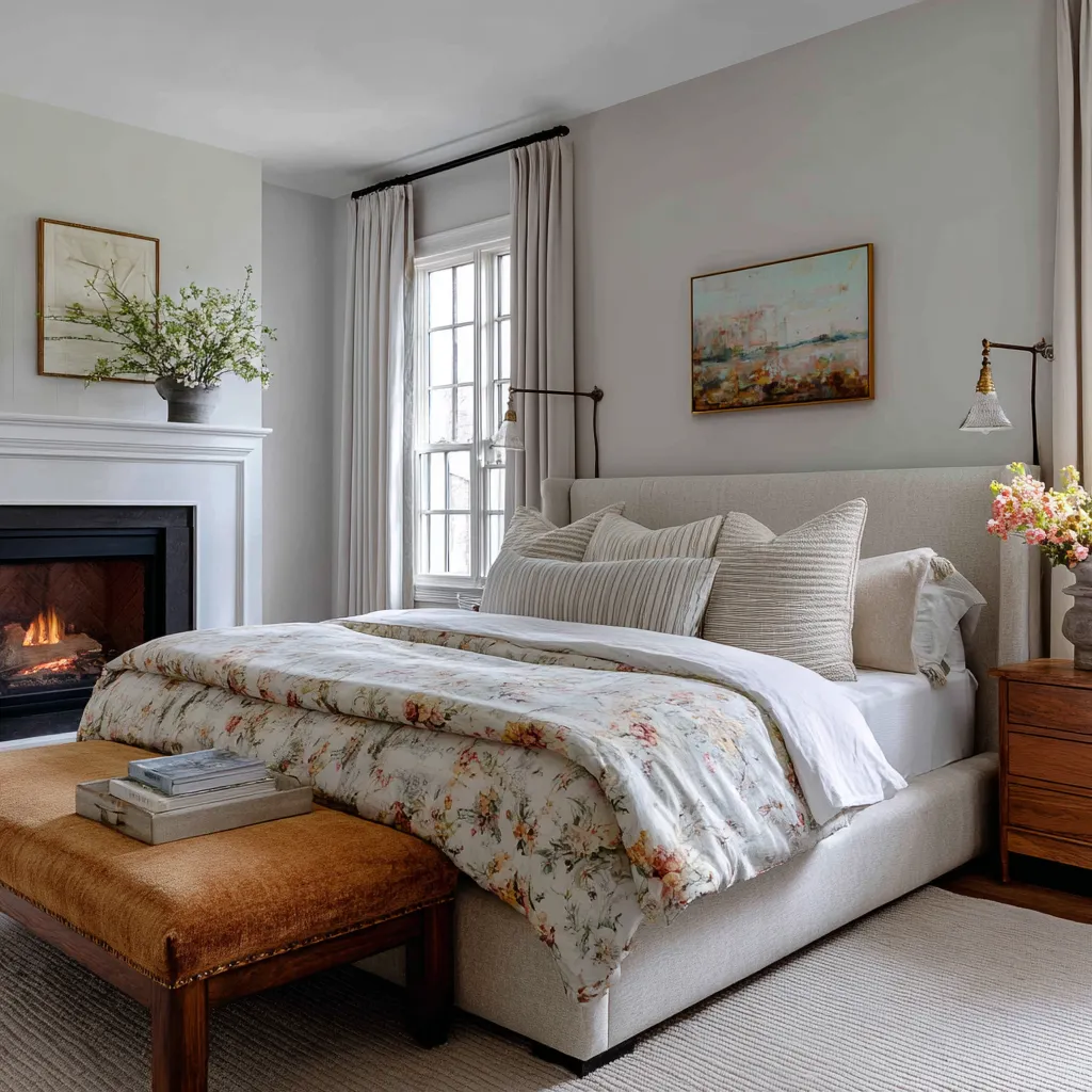 pale upholstered bed, floral quilt, fireplace wall, and soft neutral layering pale upholstered bed, floral quilt, fireplace wall, and soft neutral layering
