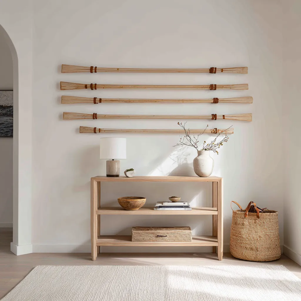 pale wall-mounted paddles, open wood shelving, ceramic lamp, woven basket, and soft natural coastal interior design pale wall-mounted paddles, open wood shelving, ceramic lamp, woven basket, and soft natural coastal interior design
