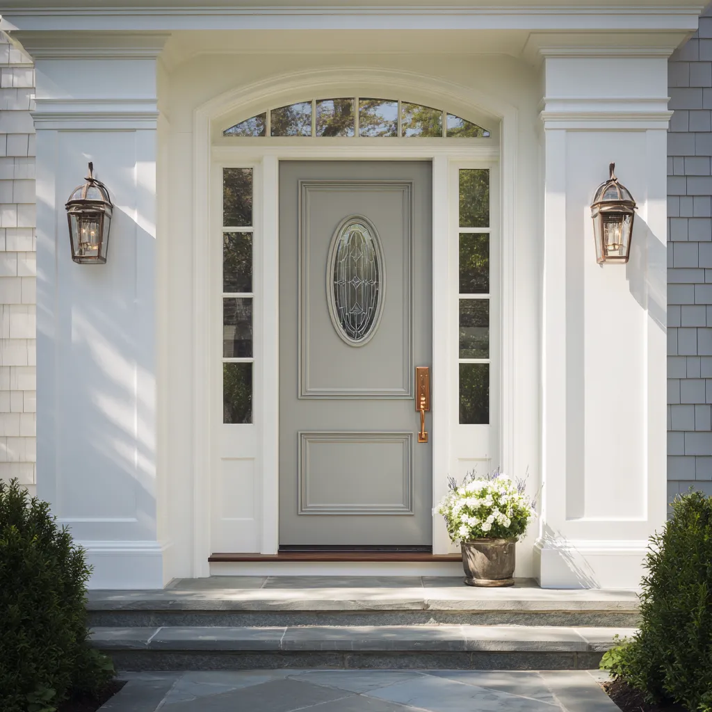 paneled main entry design with oval beveled glass, tall sidelights, and a wide curved transom in a deep white recess paneled main entry design with oval beveled glass, tall sidelights, and a wide curved transom in a deep white recess