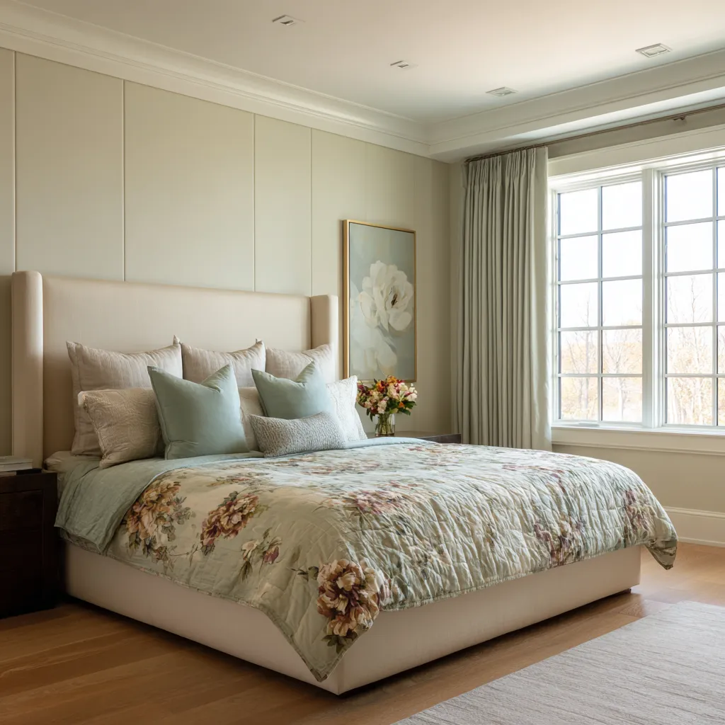 paneled wall, winged upholstered bed, floral quilt, and pale blue accents inside a polished envelope paneled wall, winged upholstered bed, floral quilt, and pale blue accents inside a polished envelope