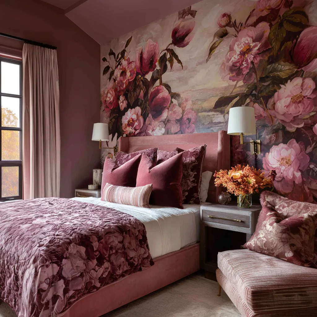 peony pink, mauve, berry, plum, oxblood, and muted olive turning the bed wall into an enveloping floral field peony pink, mauve, berry, plum, oxblood, and muted olive turning the bed wall into an enveloping floral field