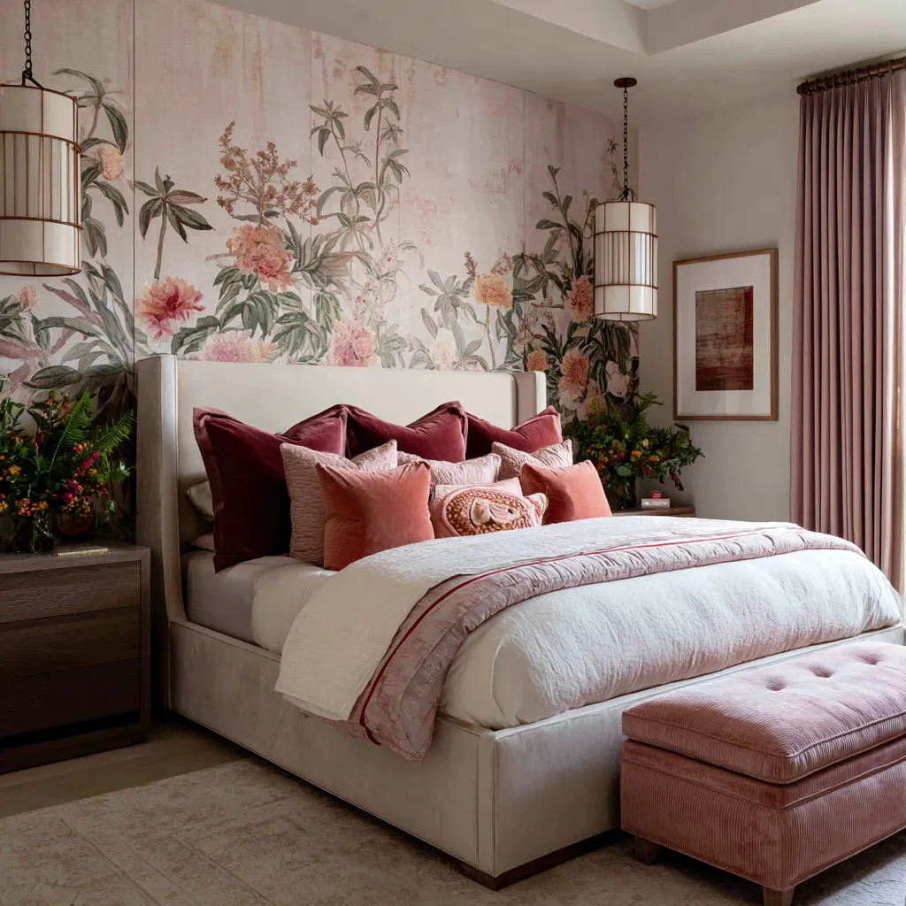 petal pink, soft coral, dusty blush, oxblood, sage-green foliage, and warm ivory used in a floral maximalist bedroom design petal pink, soft coral, dusty blush, oxblood, sage-green foliage, and warm ivory used in a floral maximalist bedroom design