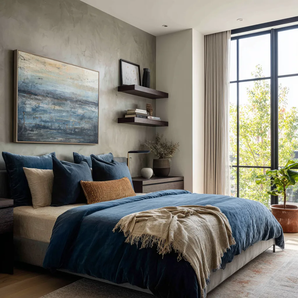 plastered sage-gray wall bedroom design with blue abstract canvas, velvet blue bedding, floating shelves, and daylight-driven asymmetry plastered sage-gray wall bedroom design with blue abstract canvas, velvet blue bedding, floating shelves, and daylight-driven asymmetry
