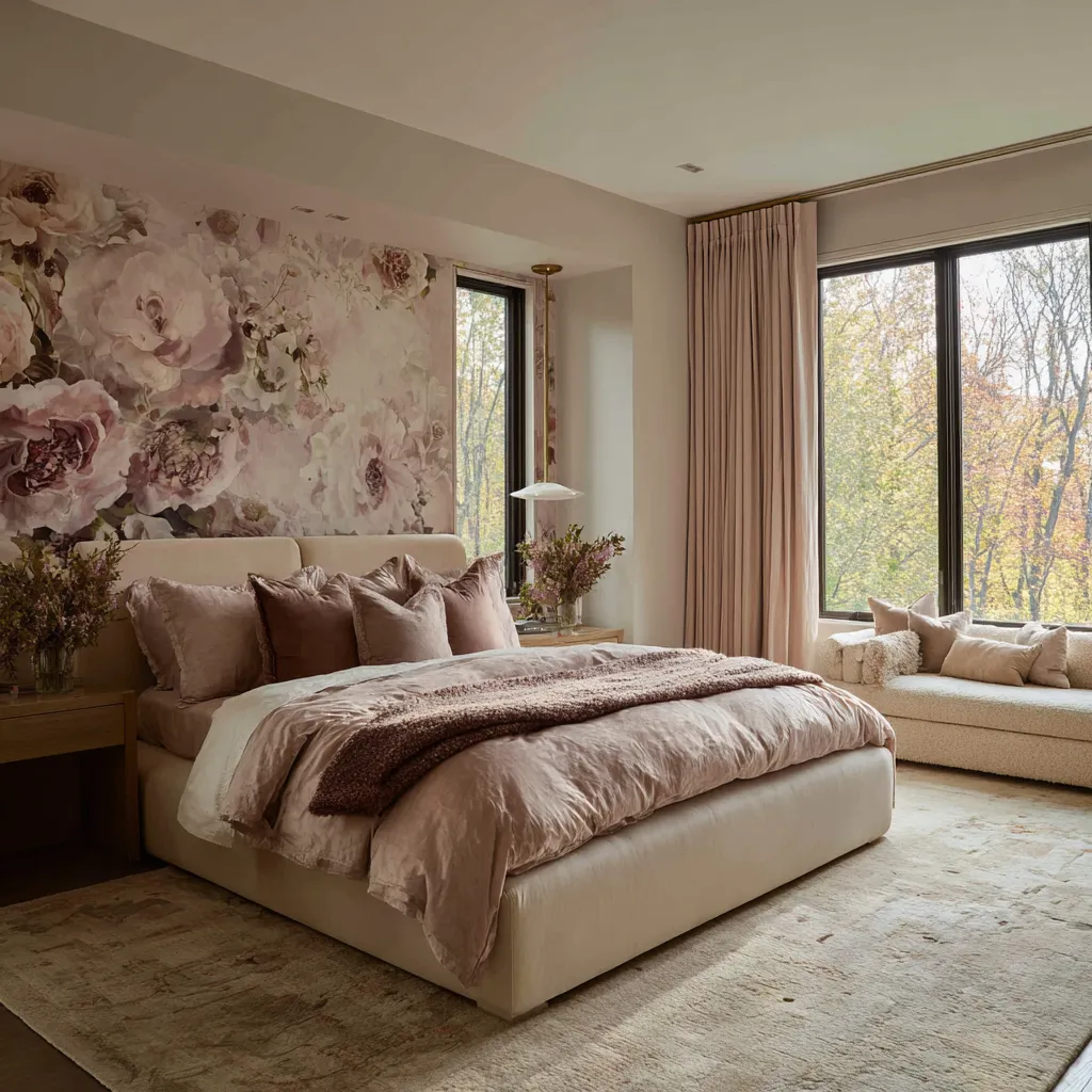 powder pink, parchment, mushroom-beige, cocoa, pale mauve, and soft cream creating a large-scale floral bedroom design powder pink, parchment, mushroom-beige, cocoa, pale mauve, and soft cream creating a large-scale floral bedroom design
