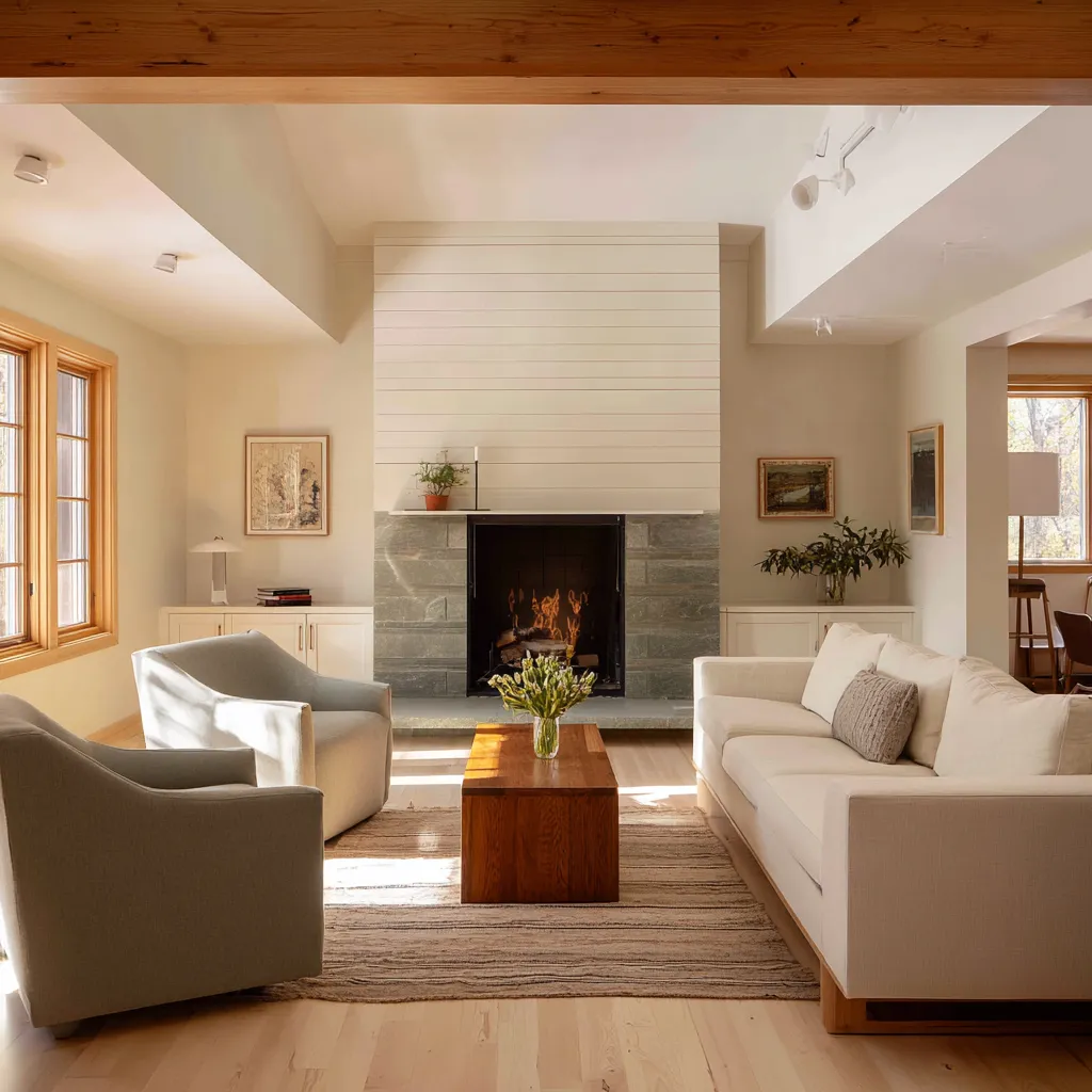 ranch living room interior design with grey stone chimney base, pale shiplap upper wall ranch living room interior design with grey stone chimney base, pale shiplap upper wall