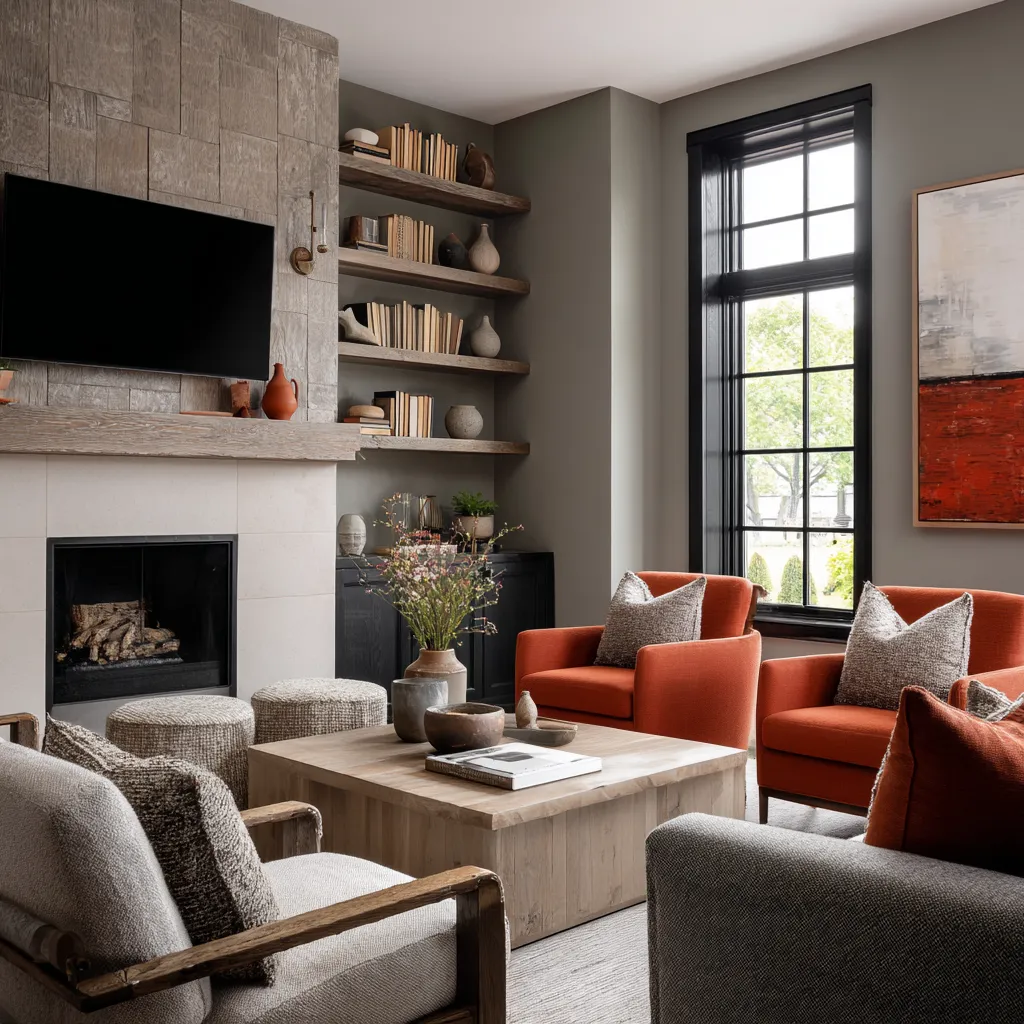 rustic maximalist living room with stone-faced fireplace, thick wood mantel, rust lounge chairs, black-trimmed window rustic maximalist living room with stone-faced fireplace, thick wood mantel, rust lounge chairs, black-trimmed window