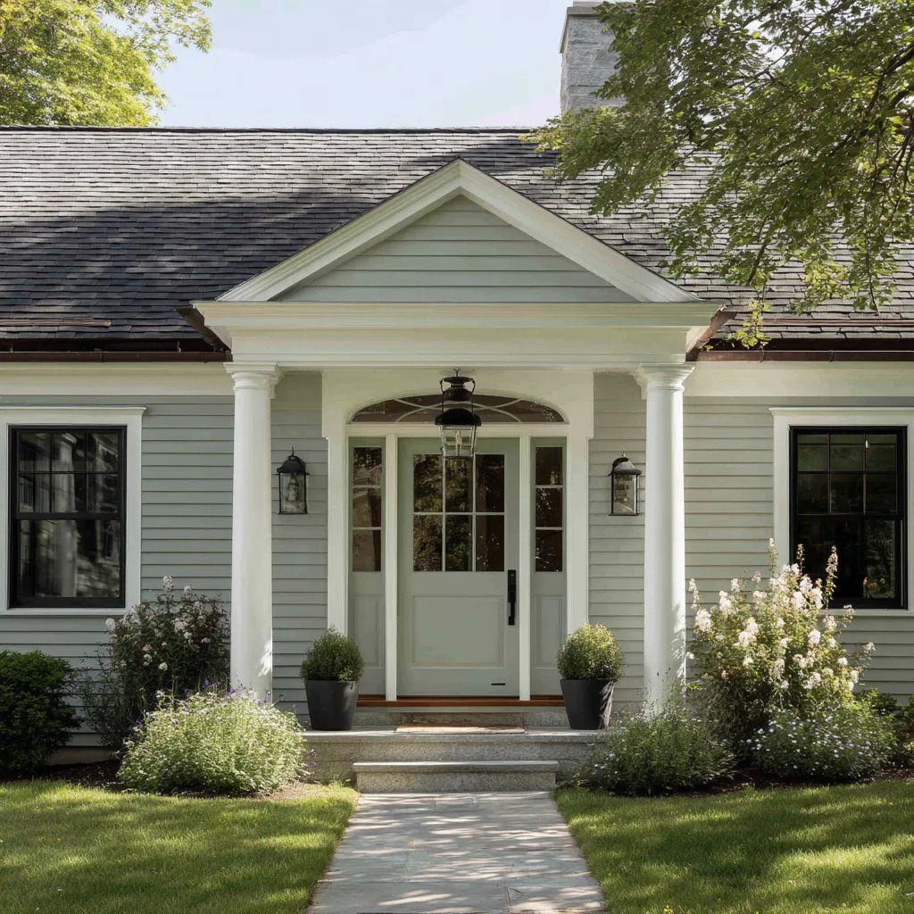 sage-gray front door beneath a small classical portico with columns and an arched transom, creating a formal main entry idea sage-gray front door beneath a small classical portico with columns and an arched transom, creating a formal main entry idea