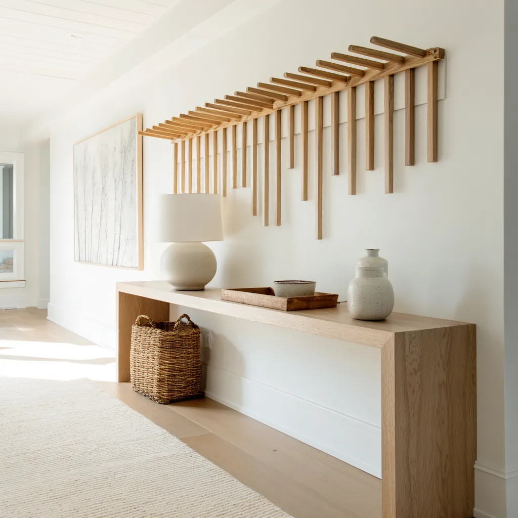 sculptural wood slat wall installation, long pale console, woven basket, runner rug, and contemporary beach theme design sculptural wood slat wall installation, long pale console, woven basket, runner rug, and contemporary beach theme design